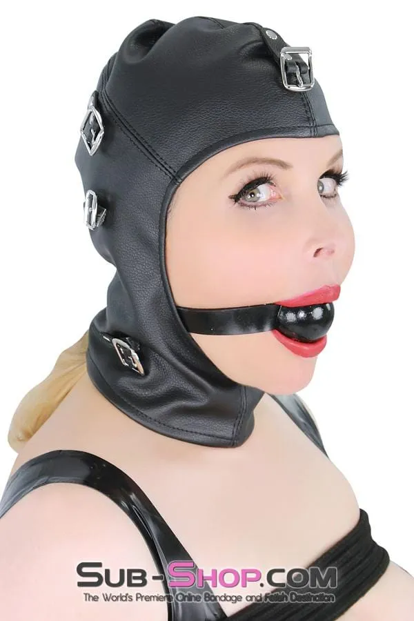 8815RS      Secret Affair Bondage Hood w/ Strap-On Gag Panel and Blindfold