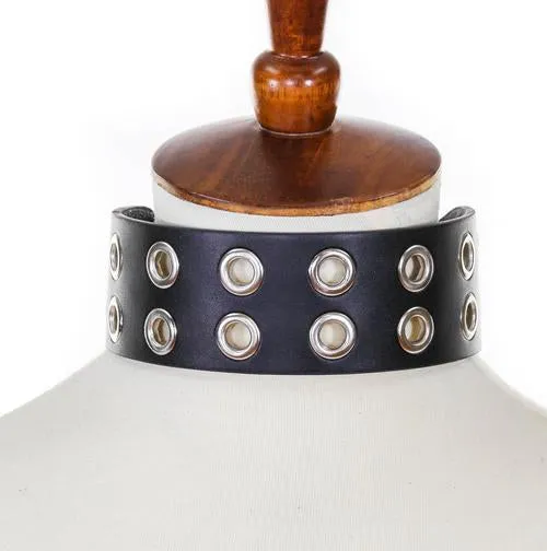 Black Leather Collar w/ 2 Rows of Grommet/Eyelet Details