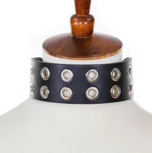 Black Leather Collar w/ 2 Rows of Grommet/Eyelet Details