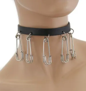 Black Leather Collar w/ Silver Safety Pins