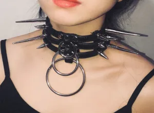 Black Vegan Leather Collar w/ 3 Rows of Straps, Spikes, and O Ring Details