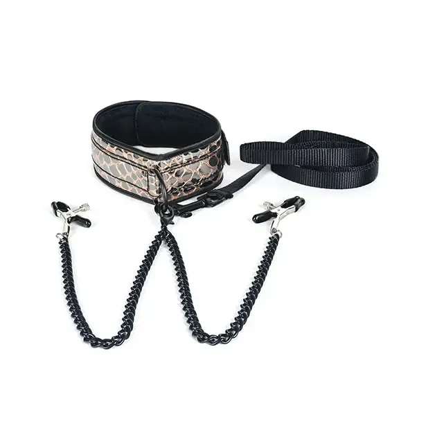Collar W/ Nipple Clamps- Faux Leather Pink
