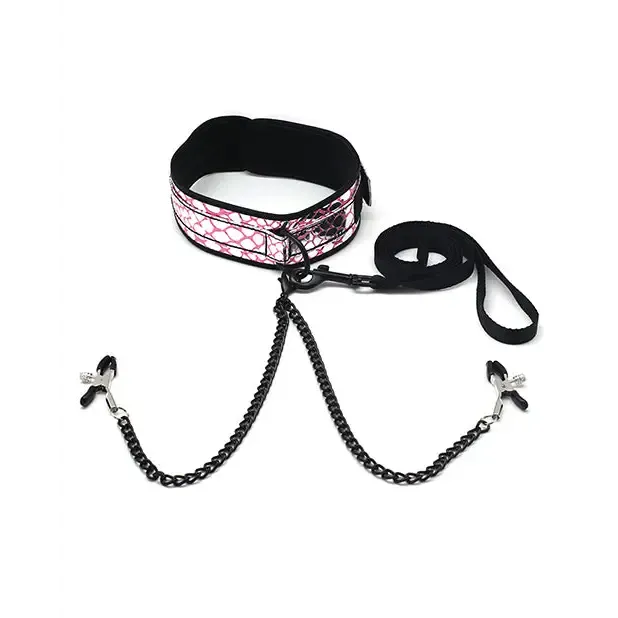 Collar W/ Nipple Clamps- Faux Leather Pink