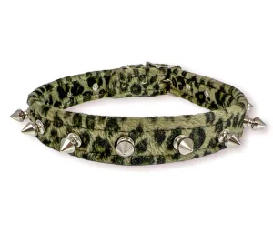 Green fuzzy Leopard Fabric Collar w/ Silver Spikes