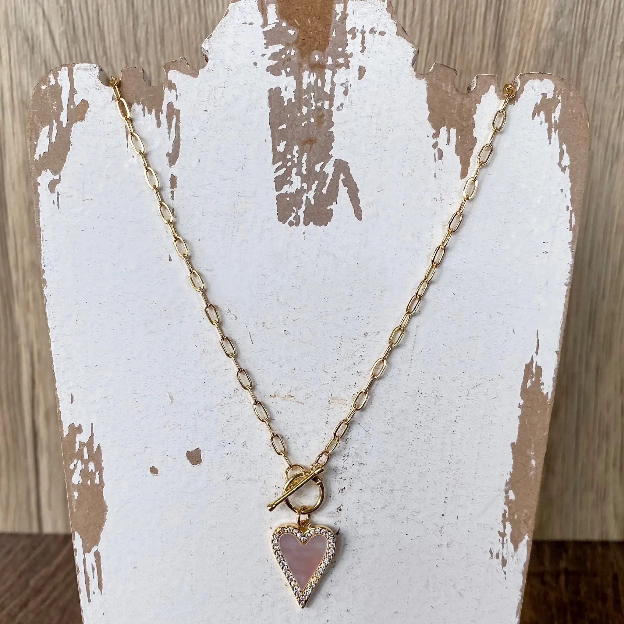 MOP Pave Heart Toggle Pendant Necklace