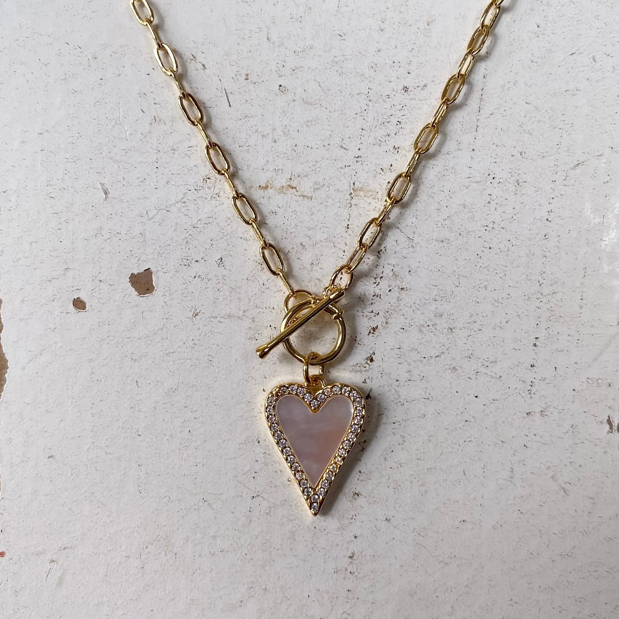 MOP Pave Heart Toggle Pendant Necklace