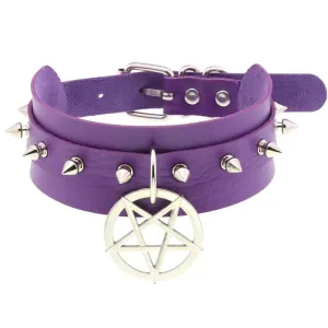 Purple Vegan Leather Collar w/ Silver Spikes and Pentagram Detail