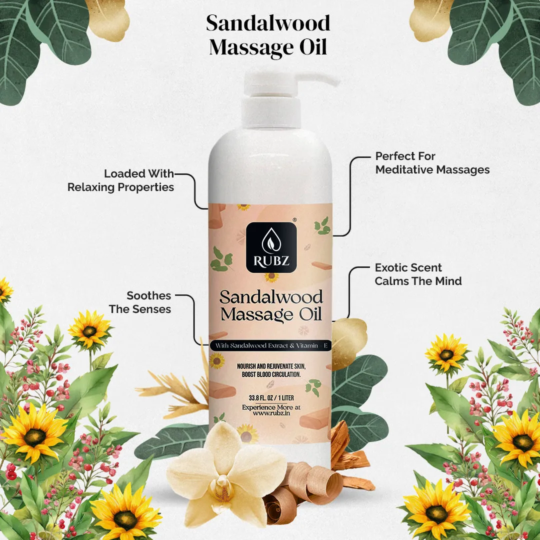 Rubz Sandalwood Massage Oil | Moisturizing & Nourishing Body Massage Oil for Men & Women | Best for Aromatherapy & Full Body Spa | 1 Litre