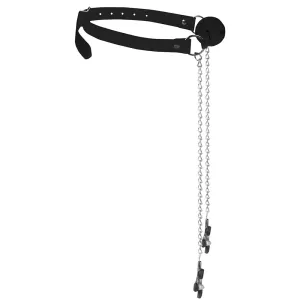 Shots Toys Black & White Breathable Ball Gag With Nipple Clamps