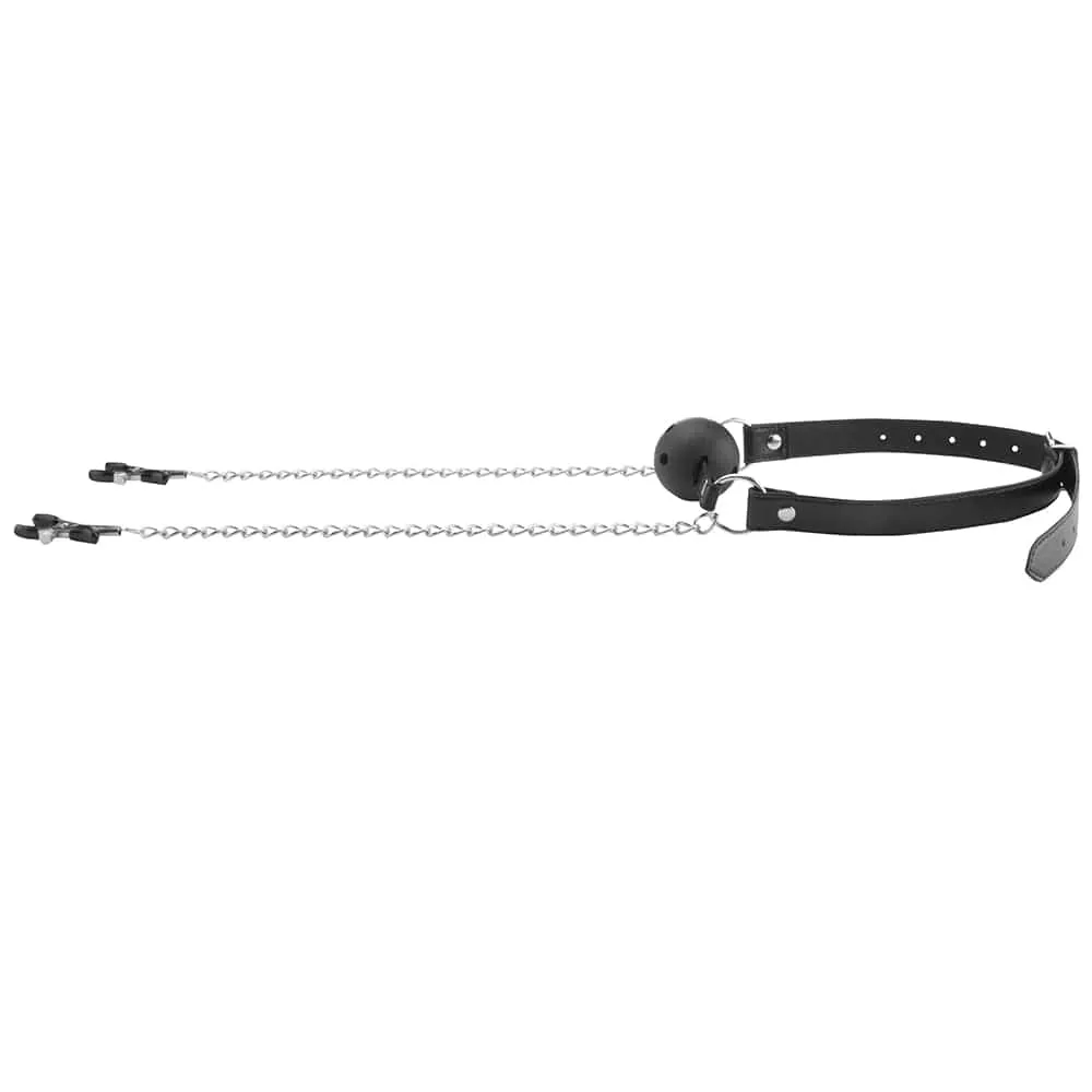 Shots Toys Black & White Breathable Ball Gag With Nipple Clamps