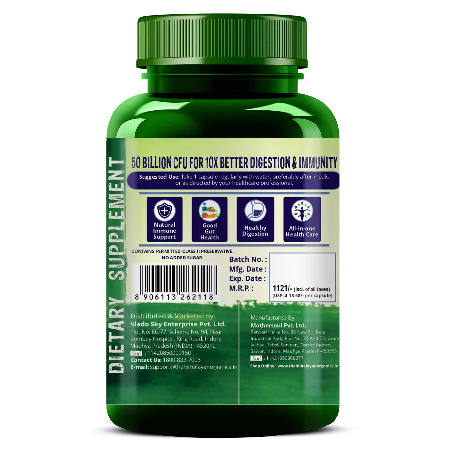 Vlado's Himalayan Organics Probiotics Supplement 50 Billion CFU with Prebiotics 150mg for Digestion, Gut Health & Immunity - 60 Veg Capsules