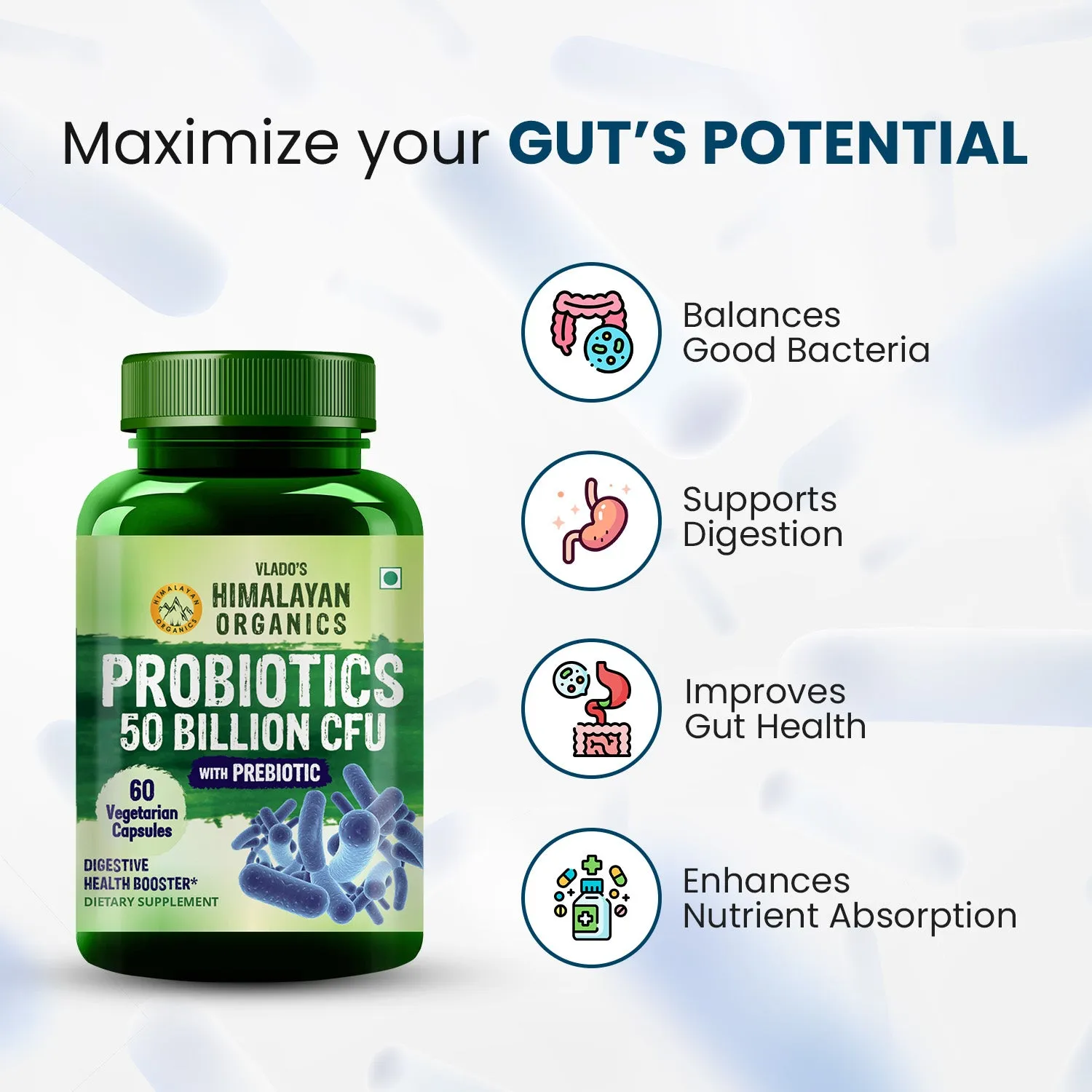 Vlado's Himalayan Organics Probiotics Supplement 50 Billion CFU with Prebiotics 150mg for Digestion, Gut Health & Immunity - 60 Veg Capsules